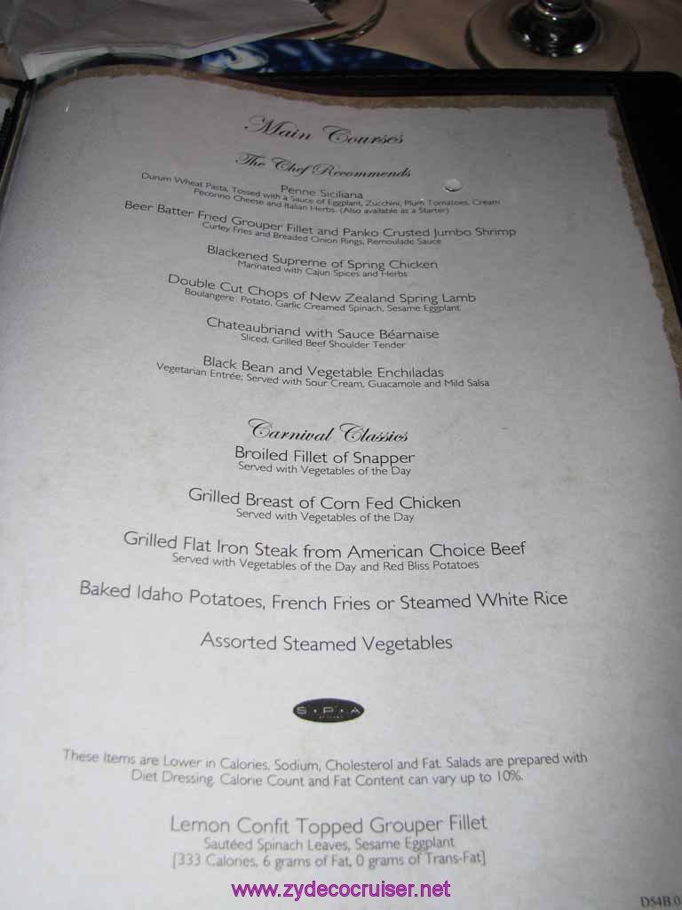 139: Carnival Fantasy, John Heald Bloggers Cruise 2, Cozumel, Dinner Menu