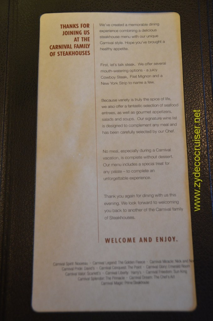 Carnival Magic, Prime Steakhouse, Menu, Thanks For Joining Us