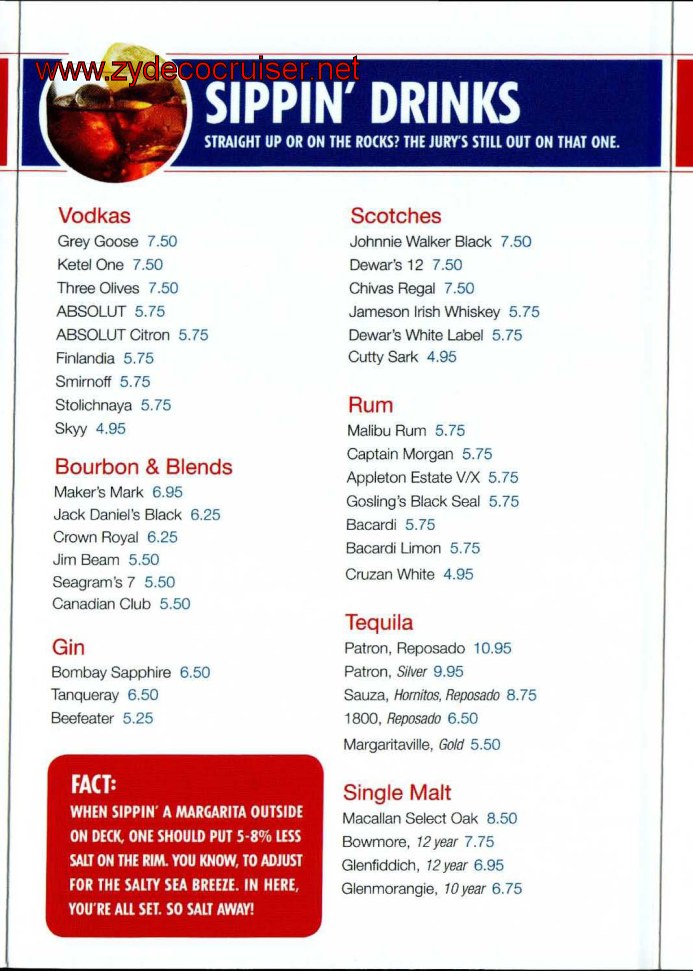 Carnival Cruise Bar Menu