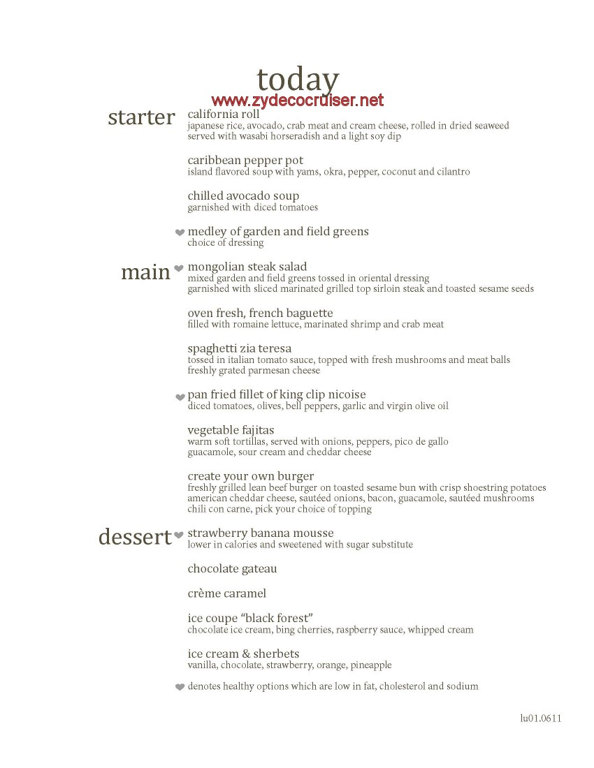 Carnival Conquest MDR Lunch Menu 1
