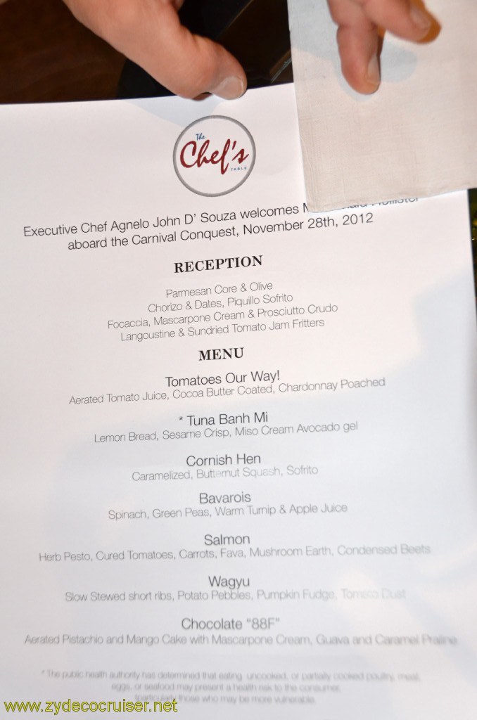 202: Carnival Conquest, Belize, The Chef's Table menu, 