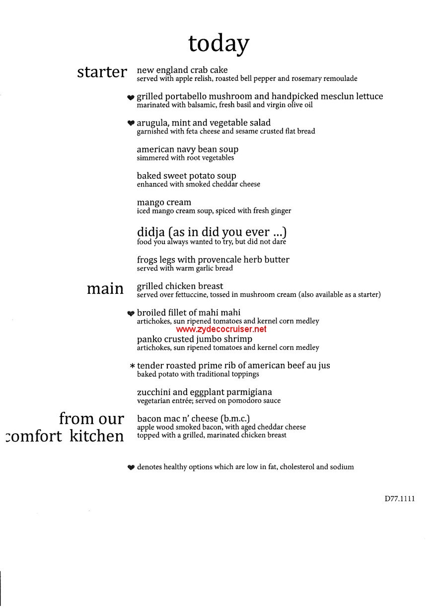 Carnival Sunshine Day 9 Dinner Menu