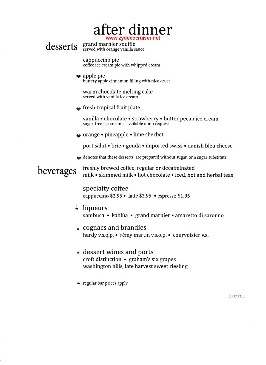 Carnival Sunshine Day 9 Dessert Menu