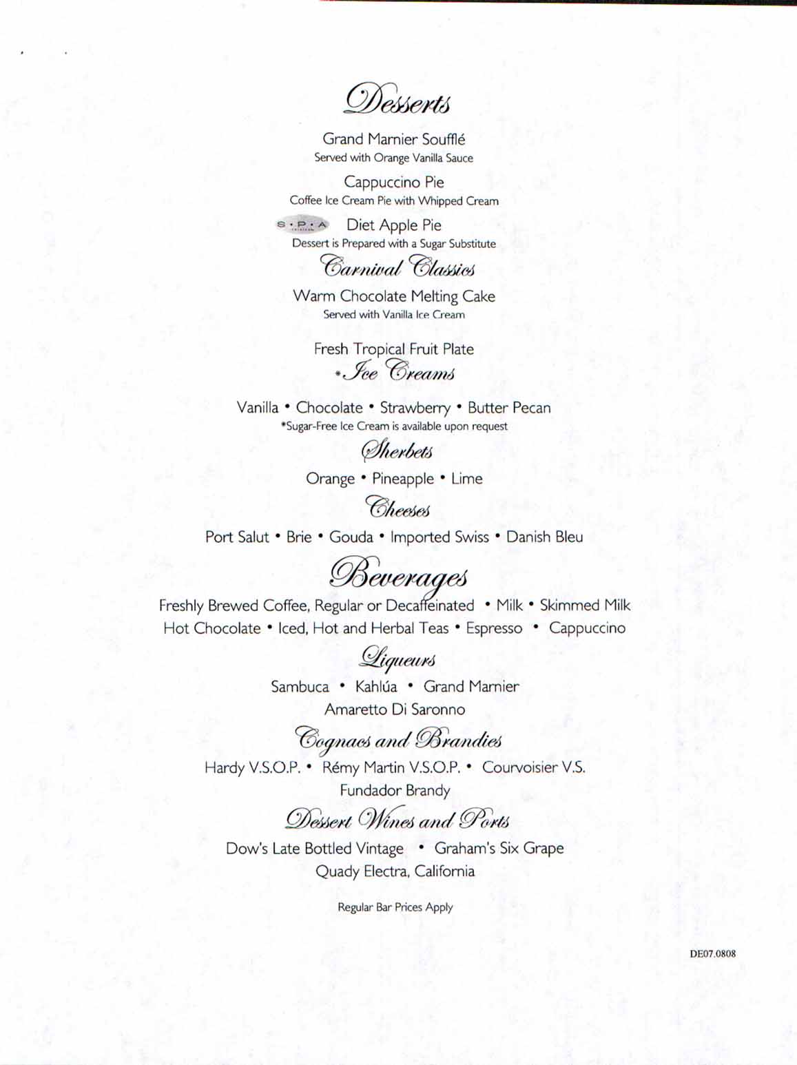 Carnival Dream Menu - DE07.0808