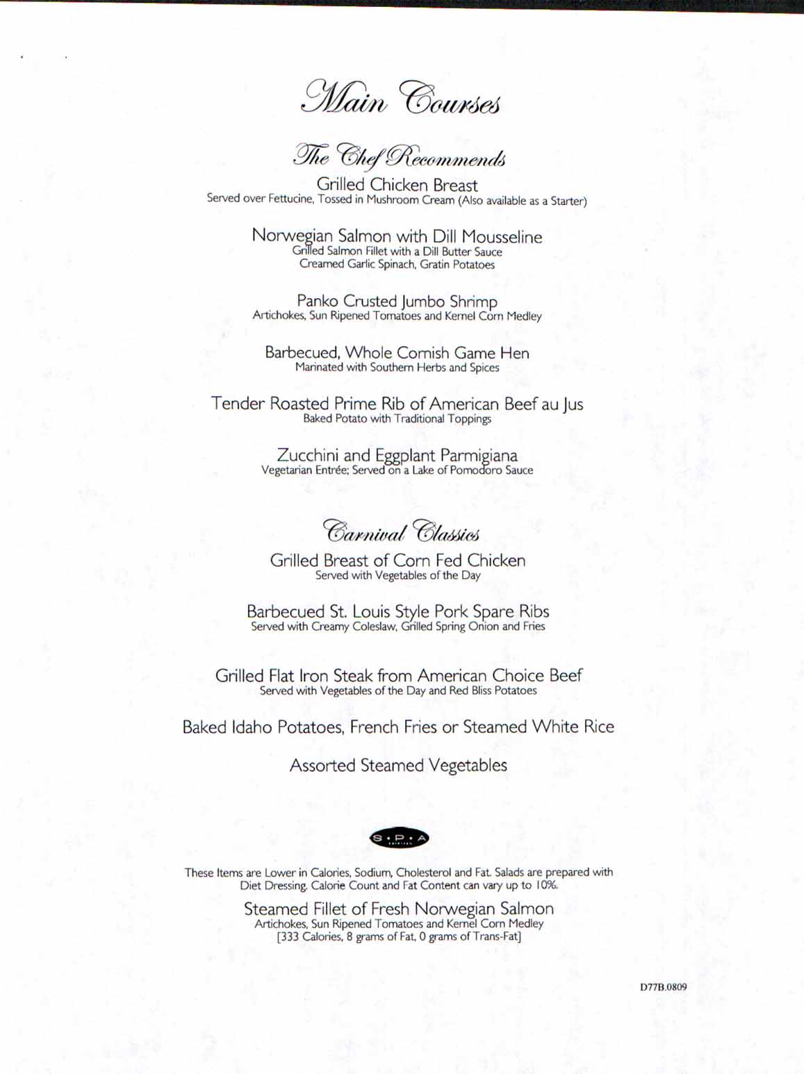 Carnival Dream Menu - D77B.0809