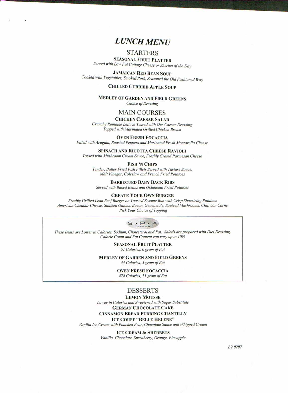 Carnival Dream Lunch Menu 2 (now they have a brunch instead)