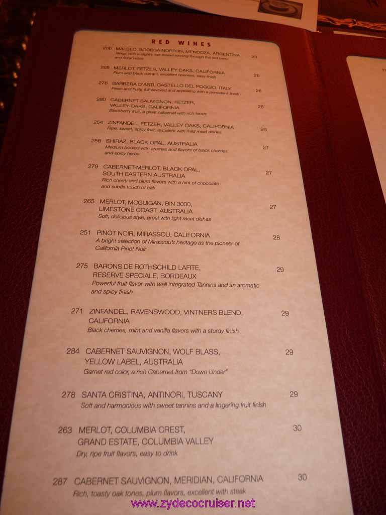 Carnival Dream Chef's Art Steakhouse Supperclub Wine Menu 2