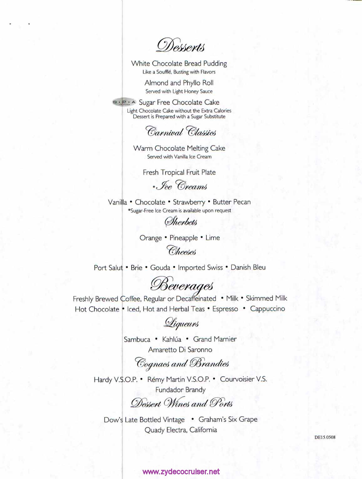 Carnival Dream Menu - DE15.0508