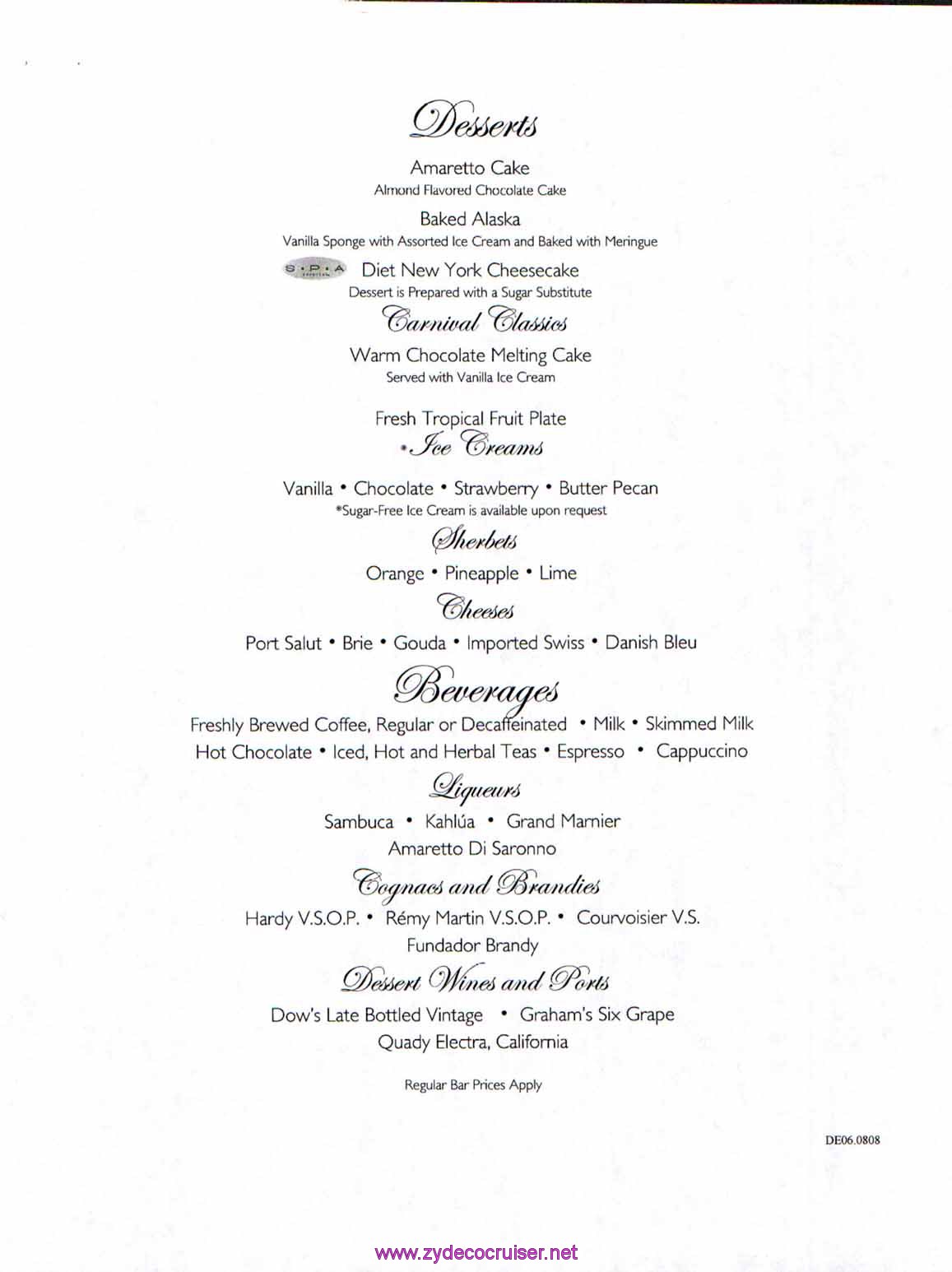 Carnival Dream Menu - DE06.0808