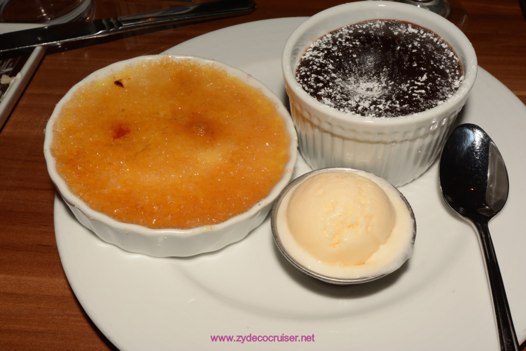 151: Carnival Horizon Cruise, Sea Day 1, MDR Dinner, Vanilla Creme Brulet and Carnival Melting Chocolate Cake