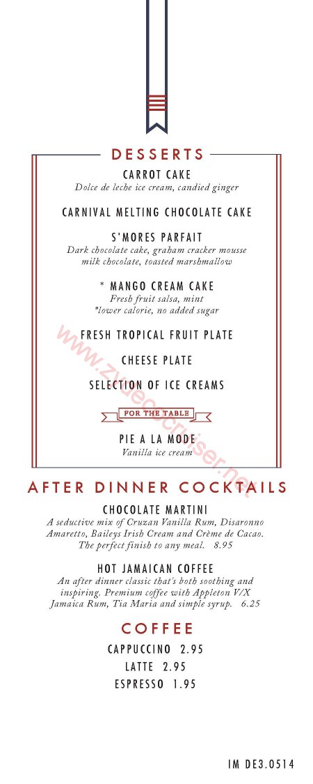 Carnival Imagination/Inspiration, American Table, MDR Dinner Menu, Ensenada, 4 night cruise