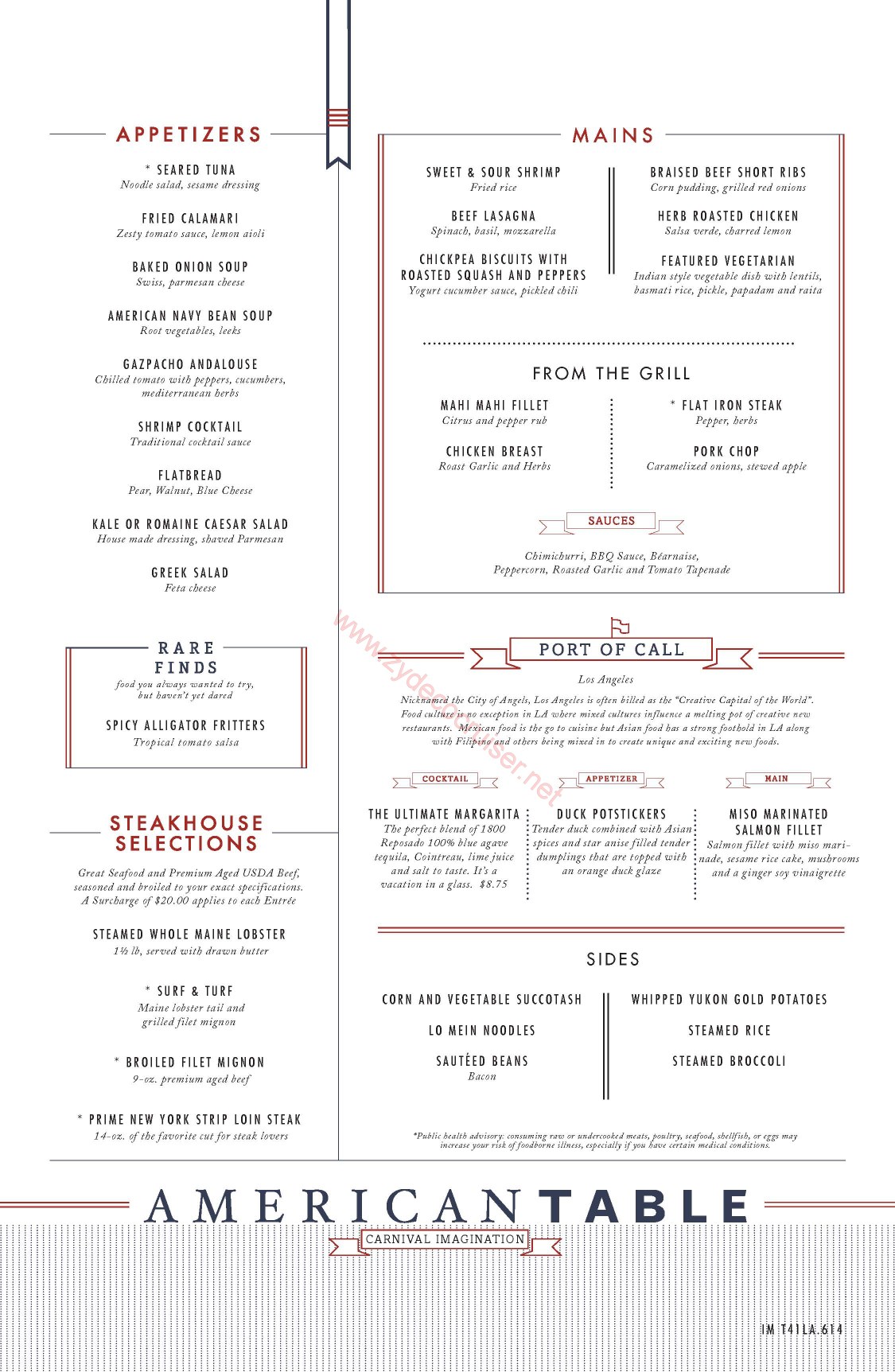 Carnival Imagination/Inspiration, American Table, MDR Dinner Menu, LA