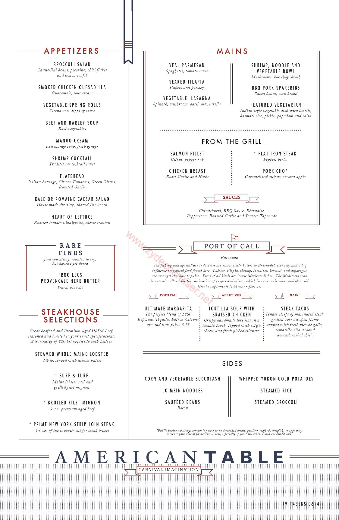 Carnival Imagination/Inspiration, American Table, MDR Dinner Menu, Ensenada, 4 night cruise