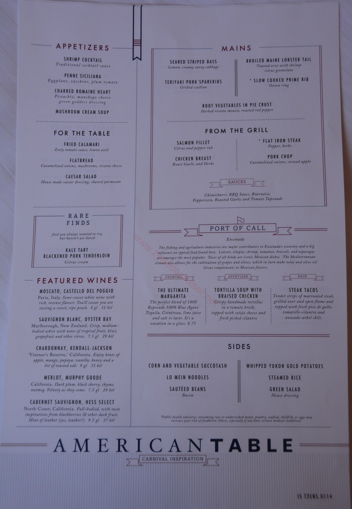 Carnival Inspiration, 3 Day American Table Menus, Day 2, Ensenada