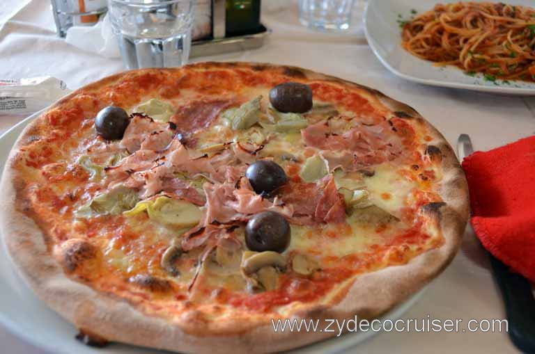 273: Carnival Magic, Messina, Taormina on Your Own Tour, Taormina, Lunch, Pizza Capricciosa (tomatoes, mozzarella cheese, mushrooms, olives, salami, ham, artichokes), Yum! The name of the place is just Ristorante Pizzeria Taormina (no website)