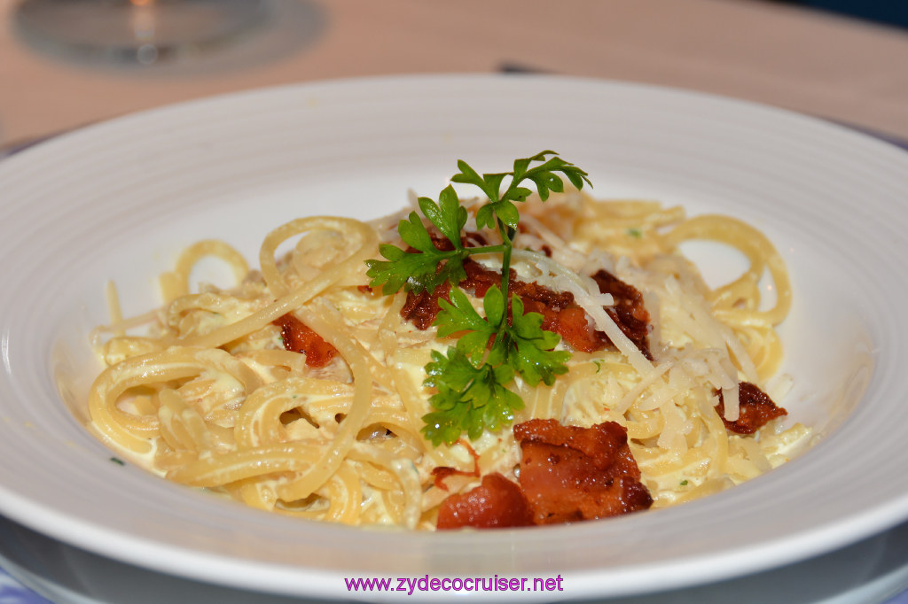 107: Carnival Miracle Alaska Cruise, Fun Day at Sea 1, MDR Dinner, Spaghetti Carbonara as a starter