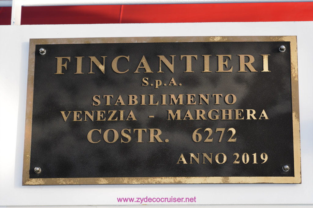 112: Carnival Panorama Inaugural Cruise, Sea Day, Ship Builder's Plate (Fincantieri Plate)