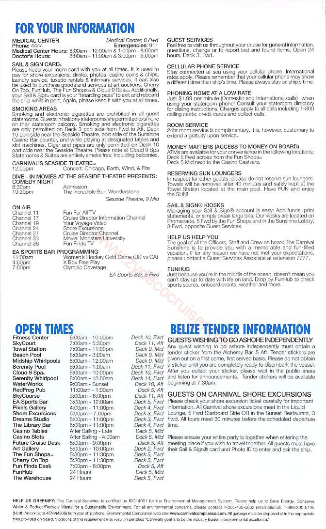 Carnival Sunshine Fun Times, Day 5, Page 4, Belize and Elegant Night