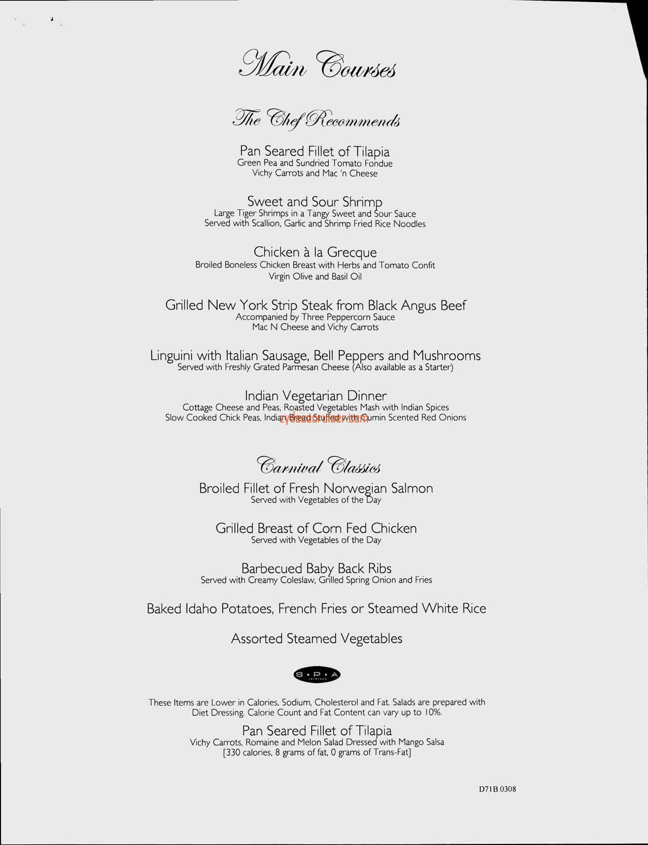 Carnival Splendor Inaugural, Dinner Menu, Day 1, Page 2