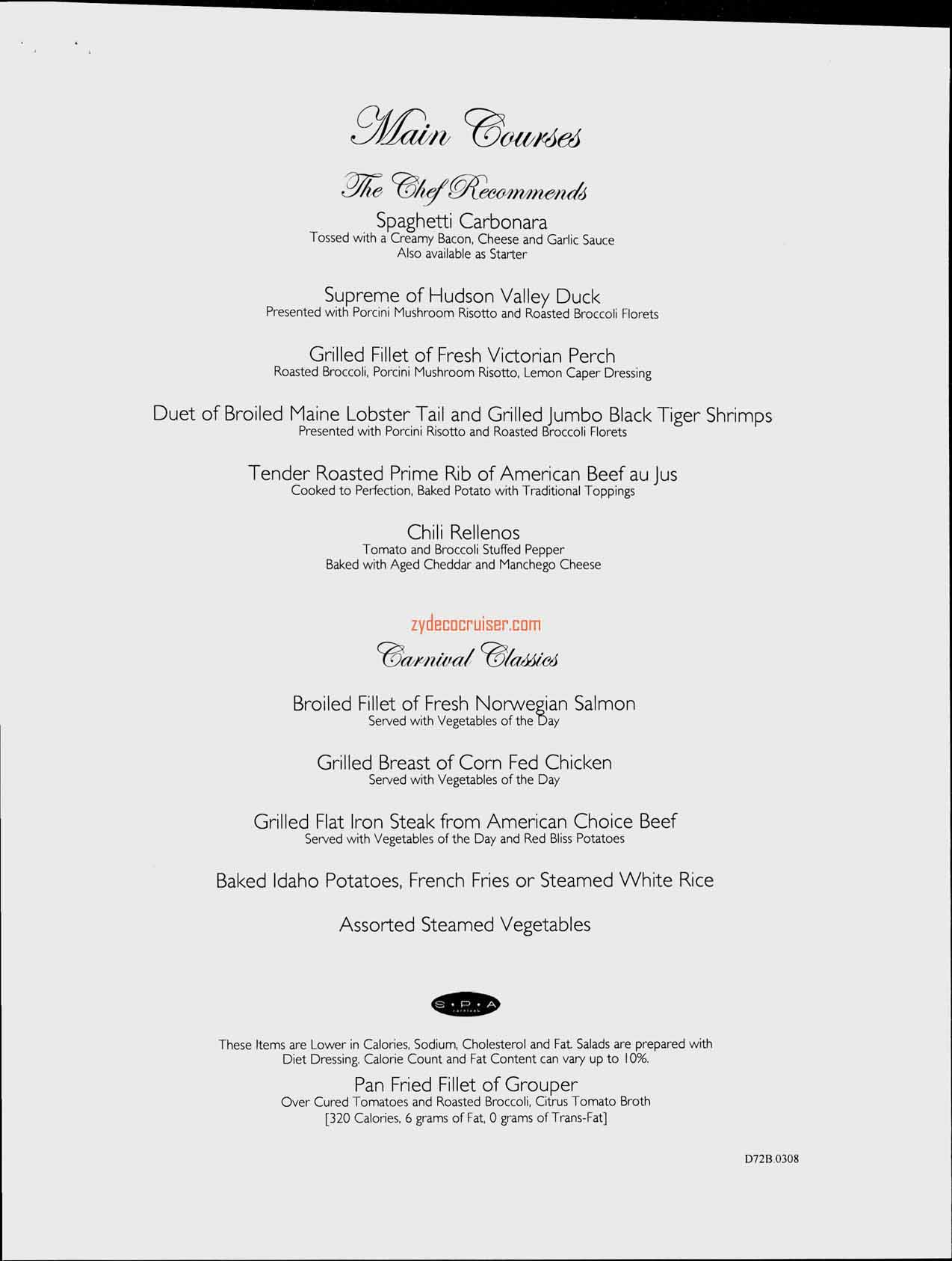 Carnival Splendor Inaugural, Dinner Menu, Day 2, Page 2