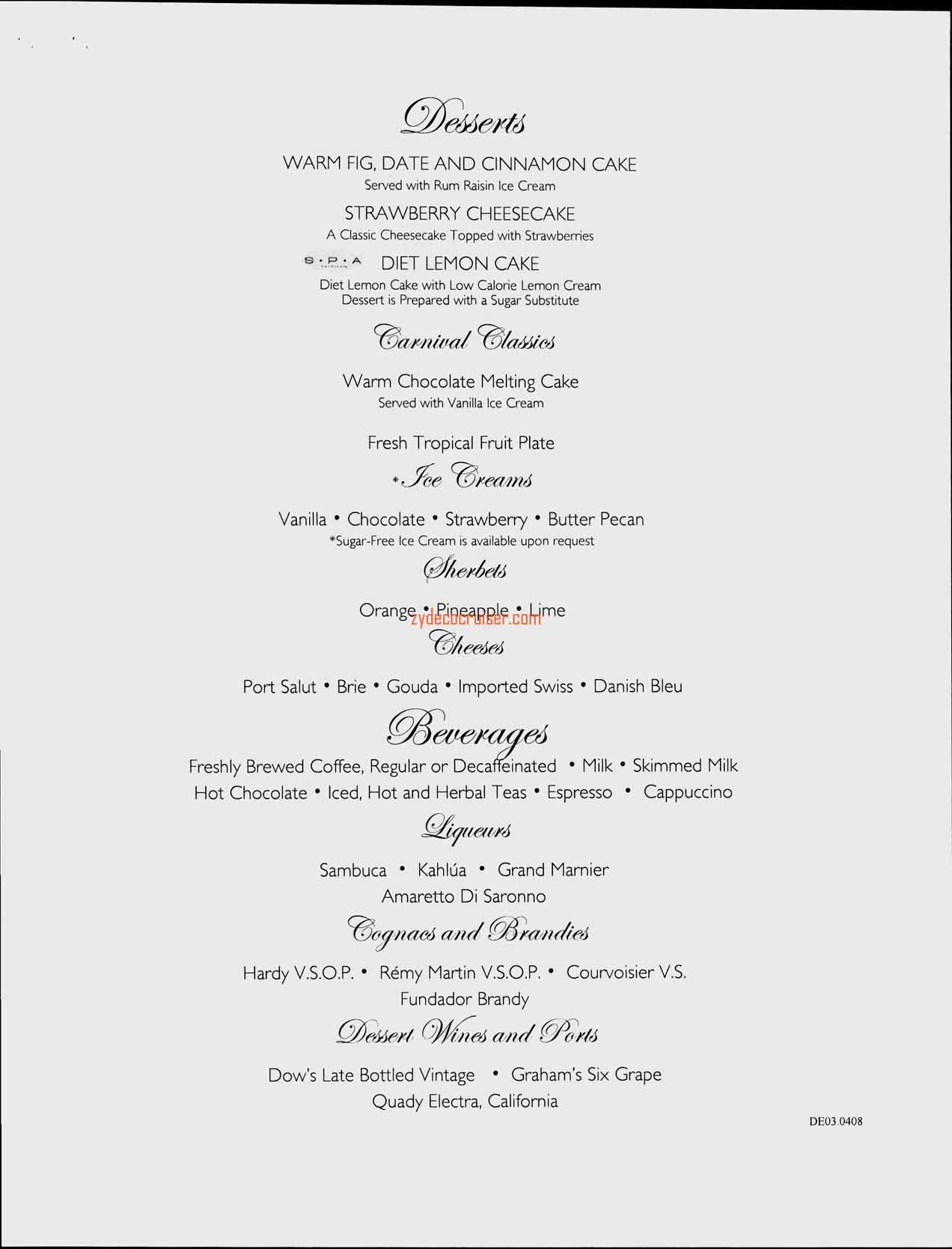 Dinner Menu, Day 3, Dessert, Carnival Splendor Inaugural