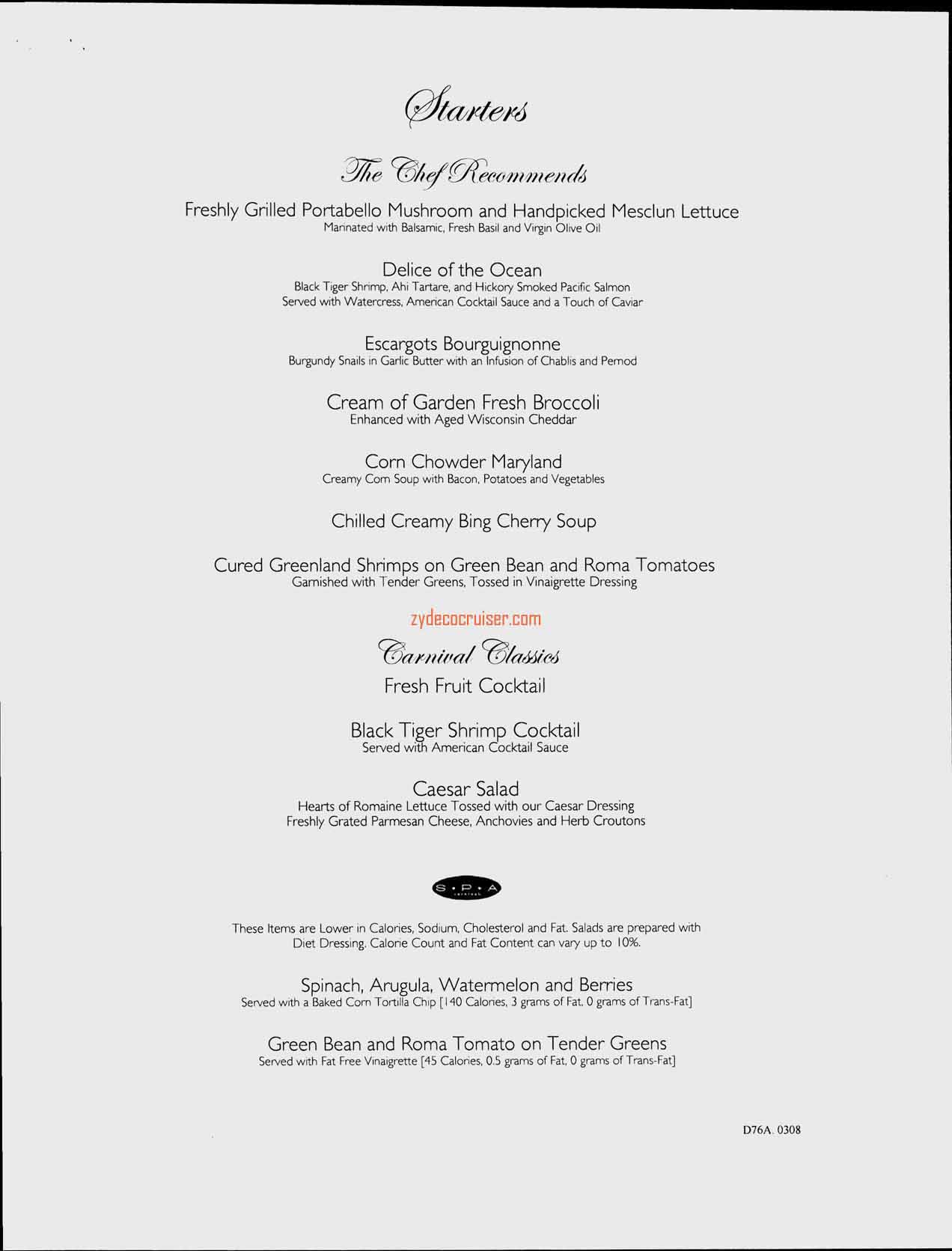 Carnival Splendor Inaugural, Dinner Menu, Day 6, Page 1