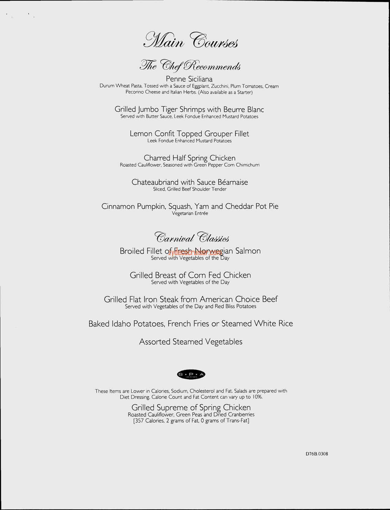 Carnival Splendor Inaugural, Dinner Menu, Day 6, Page 2