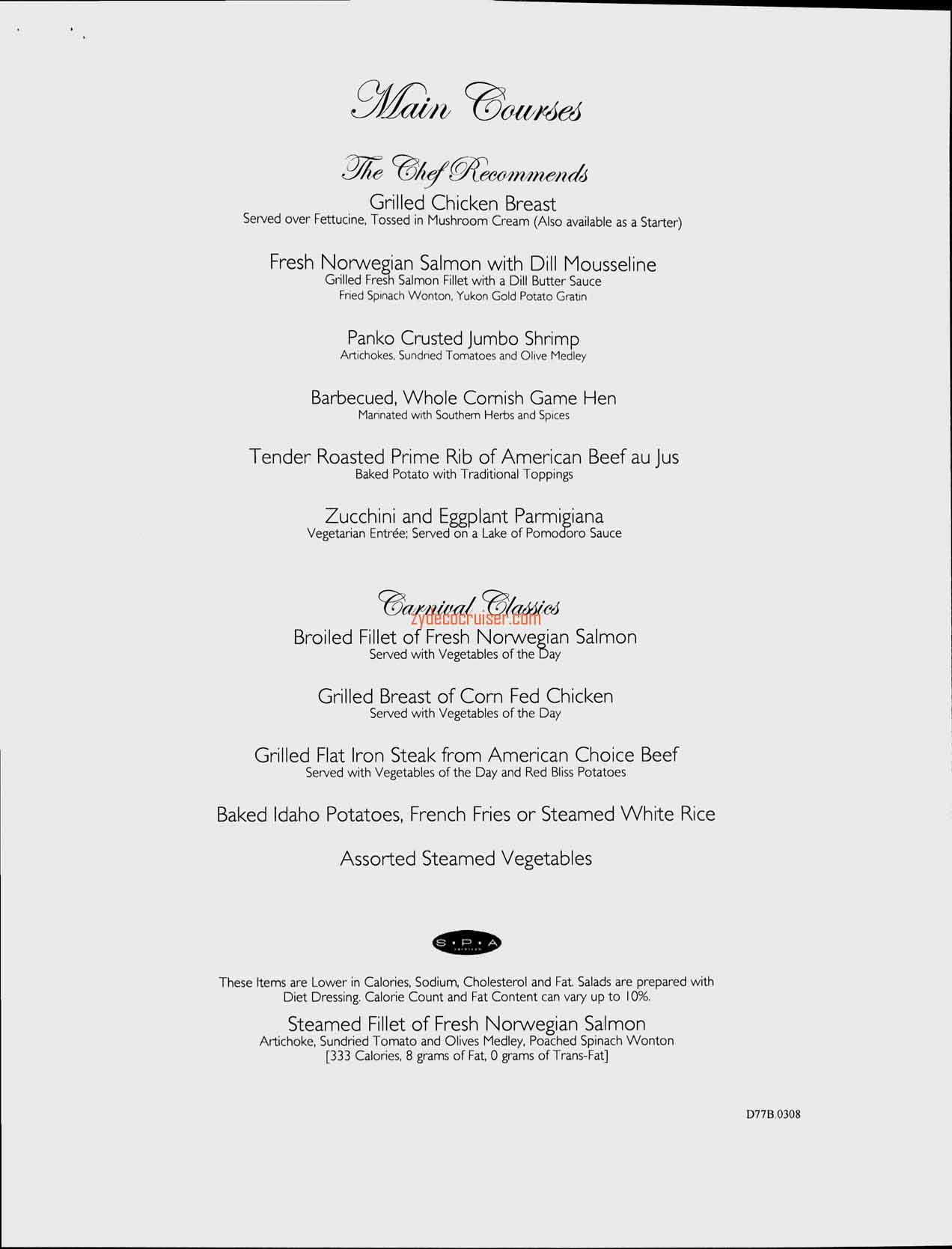 Carnival Splendor Inaugural, Dinner Menu, Day 7, Page 2