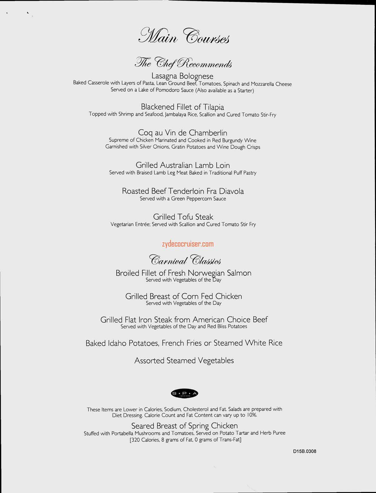 Carnival Splendor Inaugural, Dinner Menu, Day 8, Page 2