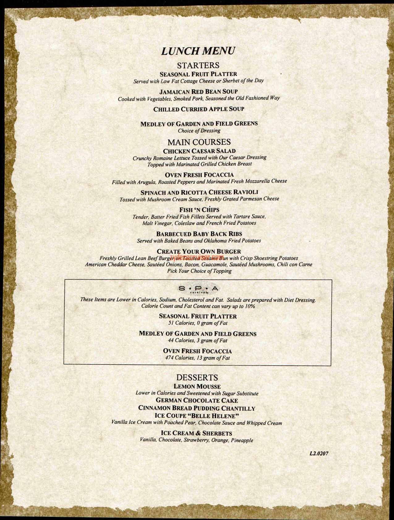 Lunch Menu 2, Carnival Splendor Inaugural