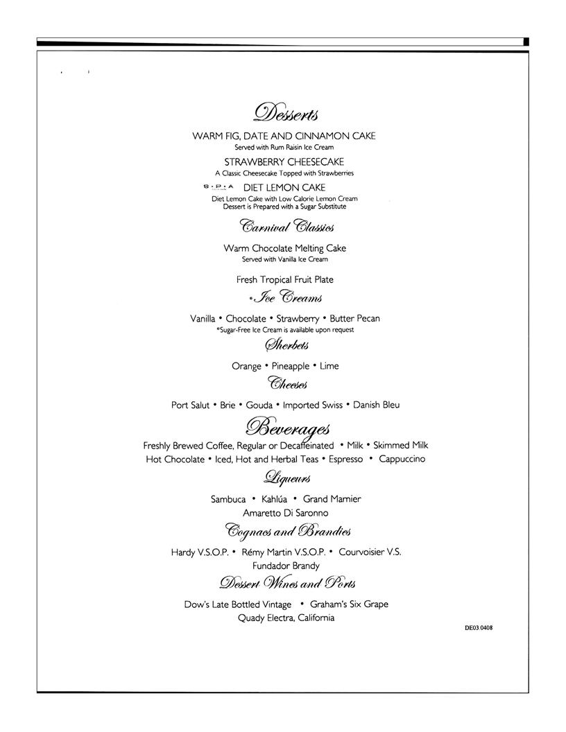 Carnival Dessert Menu Day 3