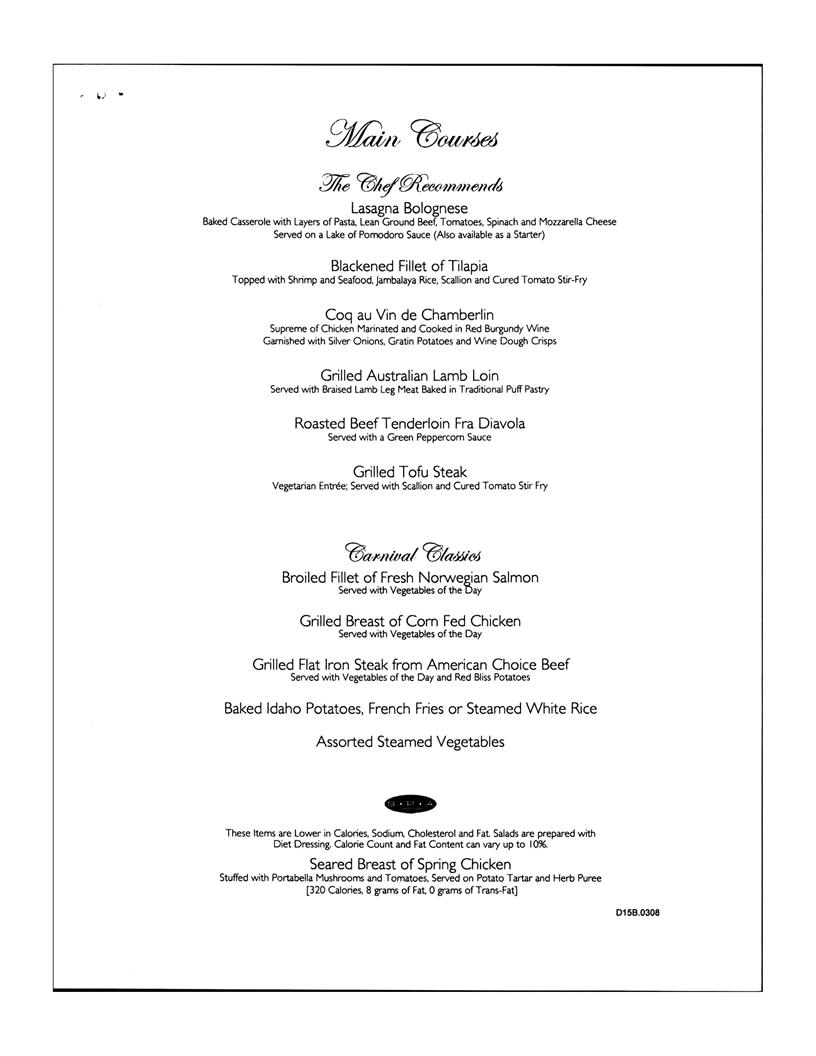 Carnival Dinner Menu Day 15, page 2