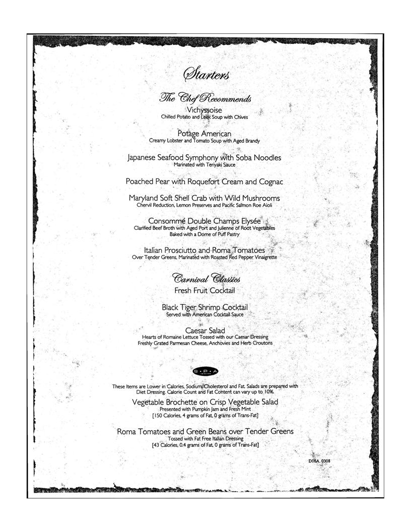 Carnival Dinner Menu Day 16, page 1
