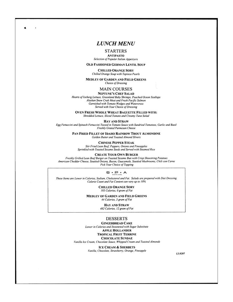 Carnival Lunch Menu Day 3