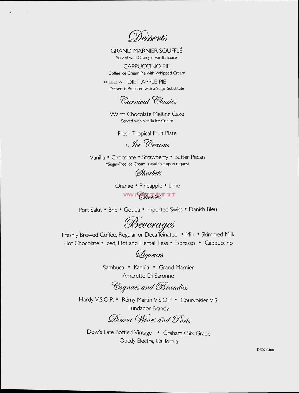 Dinner, Day 6, Dessert Menu, Carnival Freedom