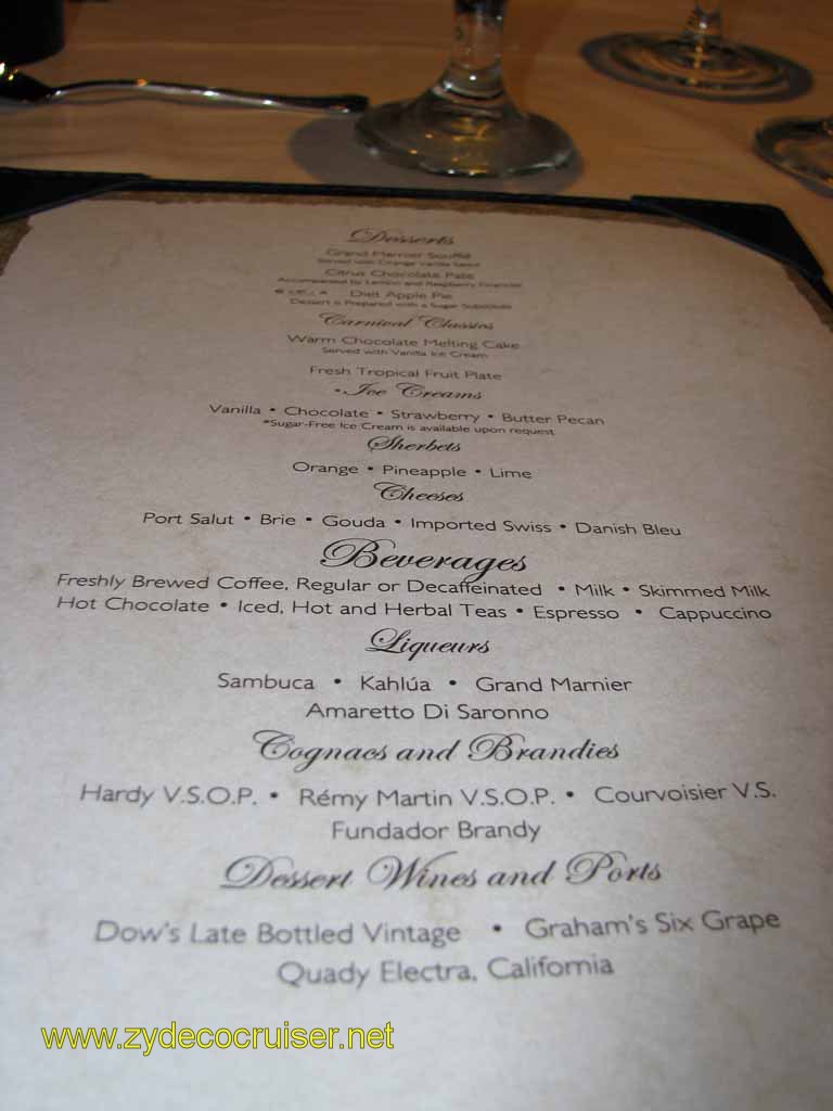 138: Carnival Splendor, 3 Day, Sea Day, Dessert Menu